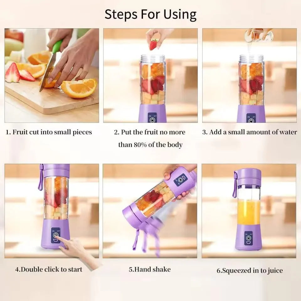 Portable USB Rechargeable Juicer Cup – 6-Blade Blender, Protein Shaker & Smoothie Maker (380ml)